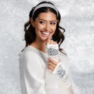 Bridal - Long Satin Fingerless Gloves with Crystal Mixed Shapes in Heart