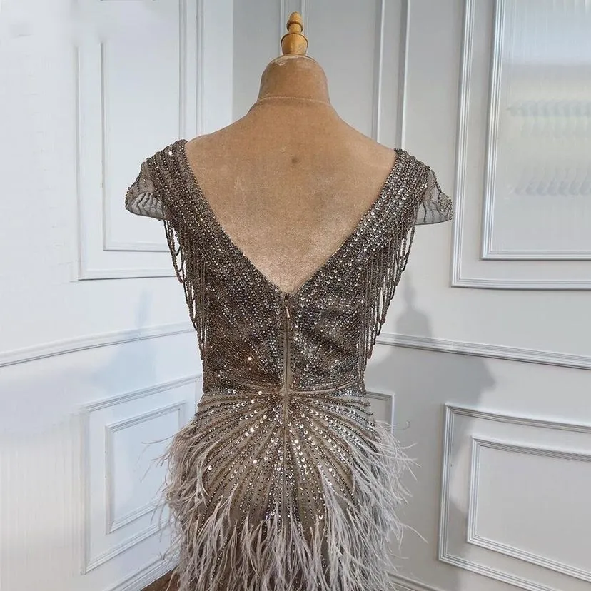 Brown Mermaid Elagant Luxury Evening Dresses Gowns Feathers Beading