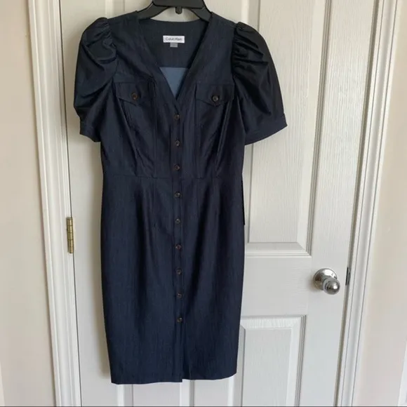 Calvin Klein Denim Puff-Sleeve Sheath Dress in Blue Size 6P