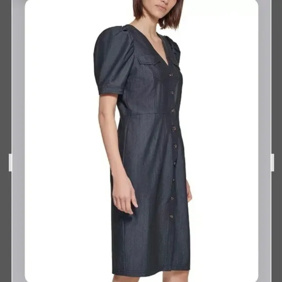 Calvin Klein Denim Puff-Sleeve Sheath Dress in Blue Size 6P