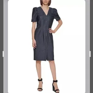 Calvin Klein Denim Puff-Sleeve Sheath Dress in Blue Size 6P