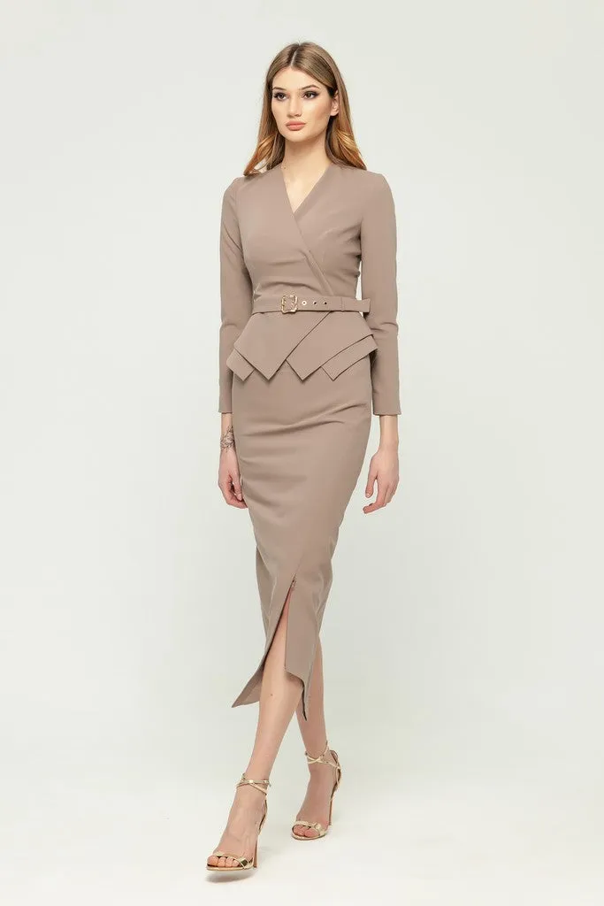 Cappuccino Office Suit (Long Sleeve Jacket & Pencil Skirt) with Belt