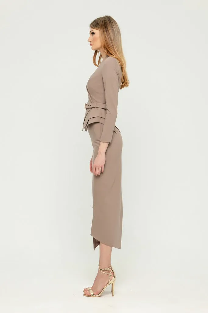 Cappuccino Office Suit (Long Sleeve Jacket & Pencil Skirt) with Belt