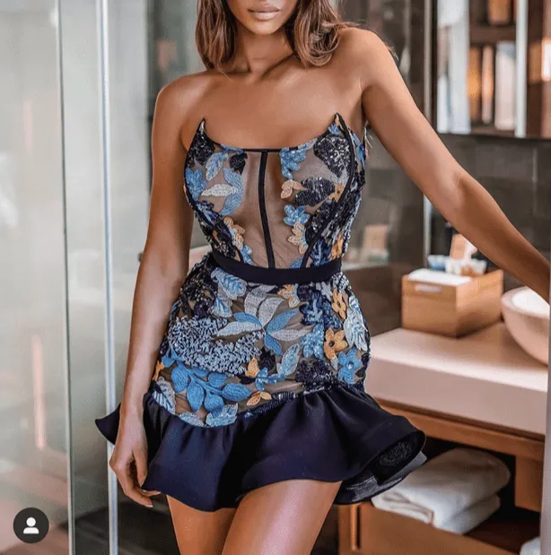 Celebrity Blue Print Strapless Pencil Bandage Dress