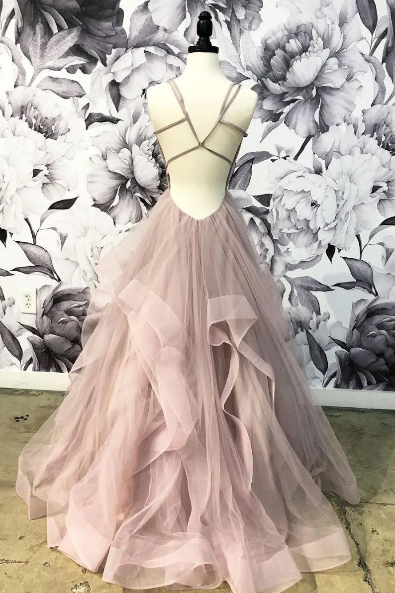Champagne v neck tulle long prom dress, champagne evening dress