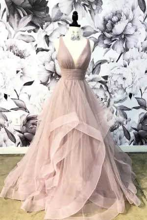 Champagne v neck tulle long prom dress, champagne evening dress