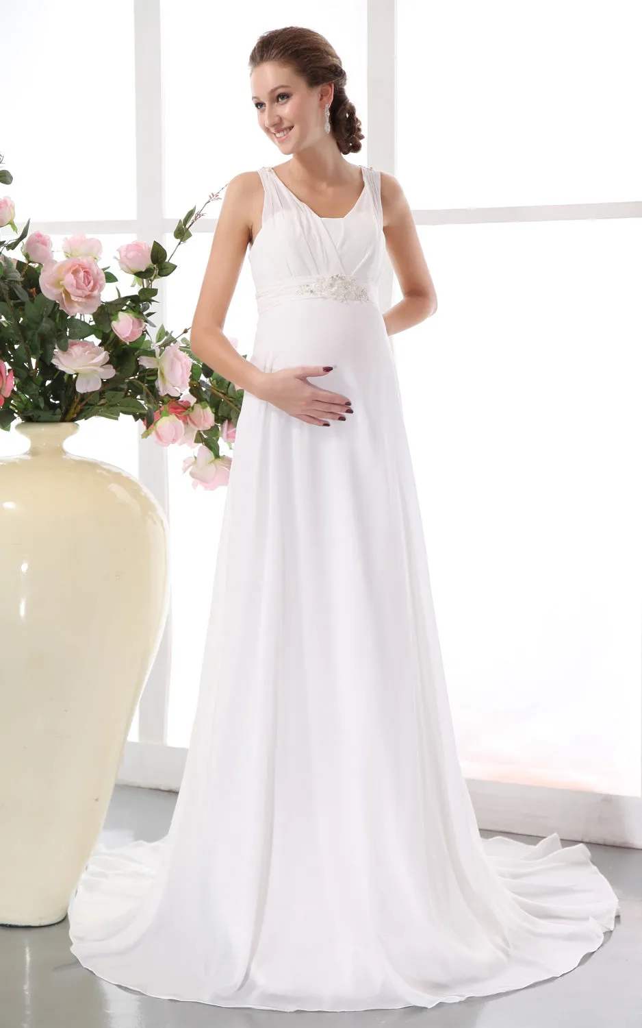 Chiffon Rhinestone High-Waist Flowing Soft Pregnant Gown-GC_706071