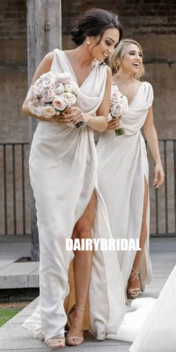 Chiffon V-neck Simple Pleated Long Slit Bridesmaid Dress, FC2389