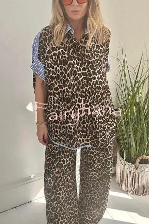 Comfortable Leopard Stripes Colorblock Print Oversized Shirt and Elastic Waist Pocket Loose Pants Set