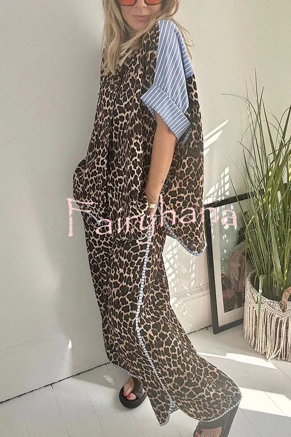 Comfortable Leopard Stripes Colorblock Print Oversized Shirt and Elastic Waist Pocket Loose Pants Set