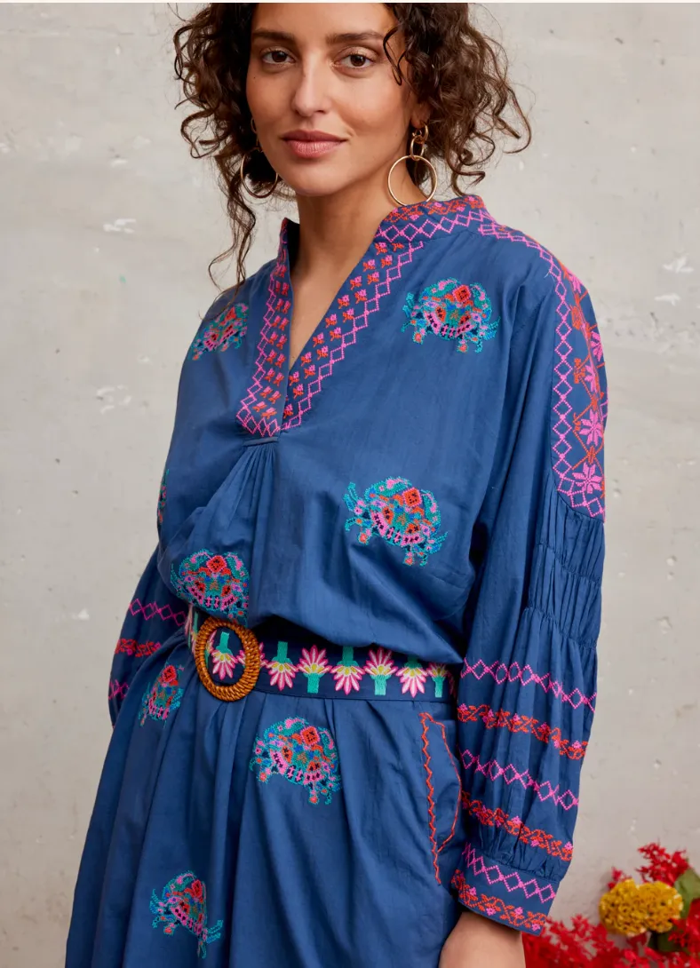 Crab Embroidered Dress Navy