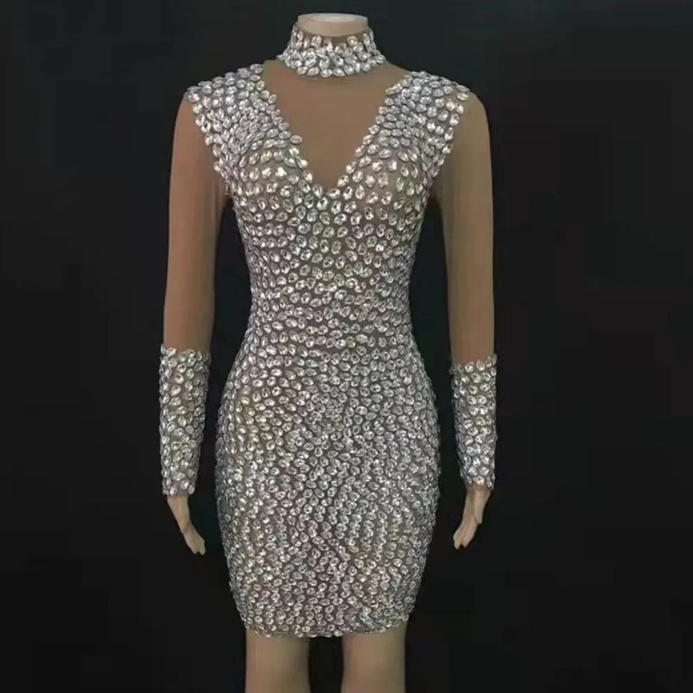 Crystal Mini Mermaid High Neck Long Sleeves Dress