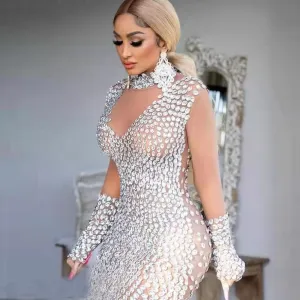Crystal Mini Mermaid High Neck Long Sleeves Dress