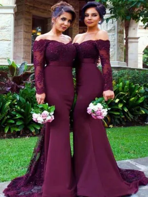 Custom Made Off Shoulder Maroon Long Sleeves Mermaid Lace Prom Dresses, Burgundy Lace Bridesmaid Dresses, Formal Dresses