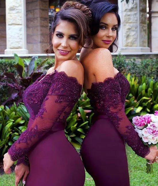 Custom Made Off Shoulder Maroon Long Sleeves Mermaid Lace Prom Dresses, Burgundy Lace Bridesmaid Dresses, Formal Dresses