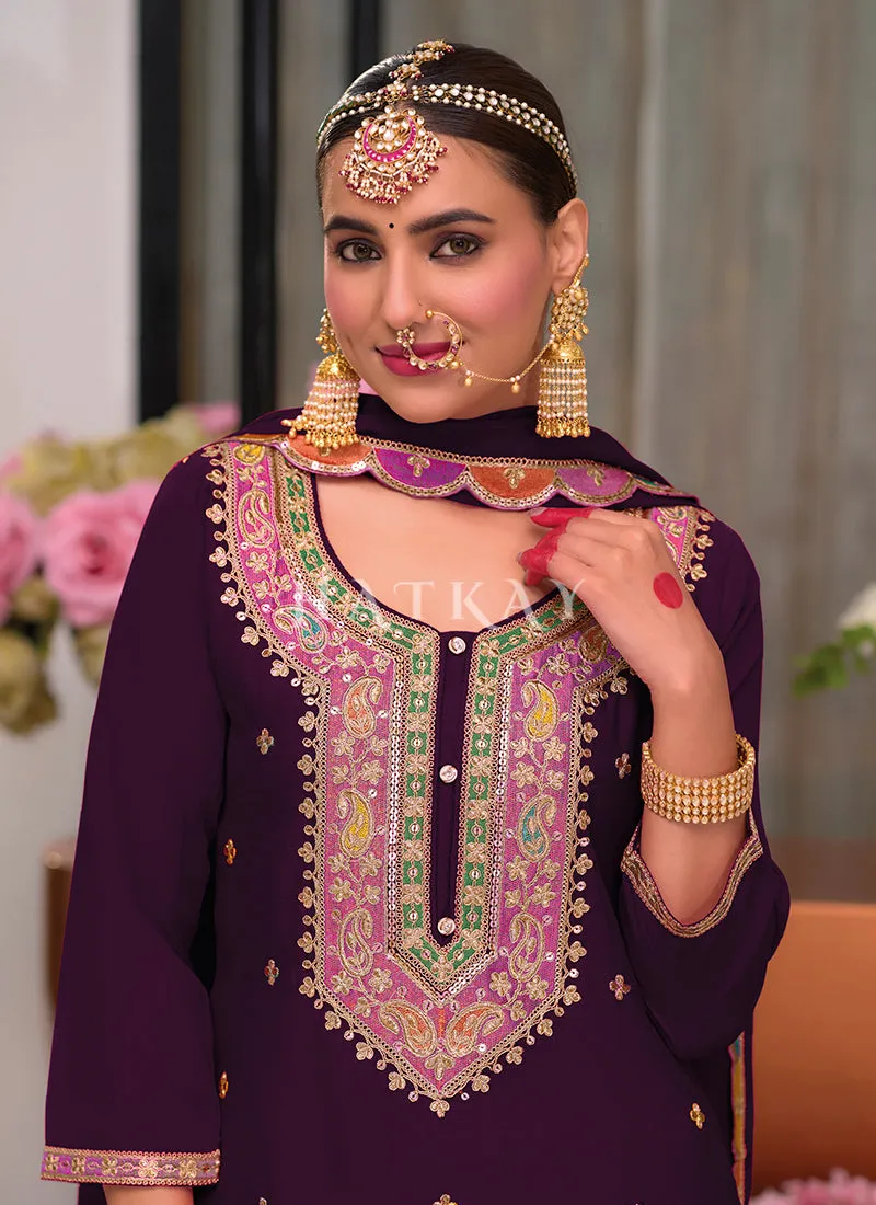 Deep Wine Multi Embroidery Palazzo Suit