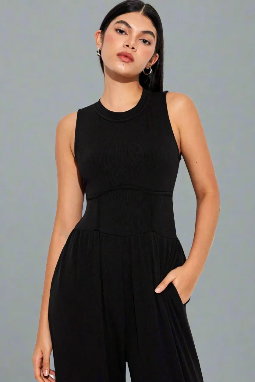 Elegant Crew Neck Sleeveless Wide Leg Jumpsuit