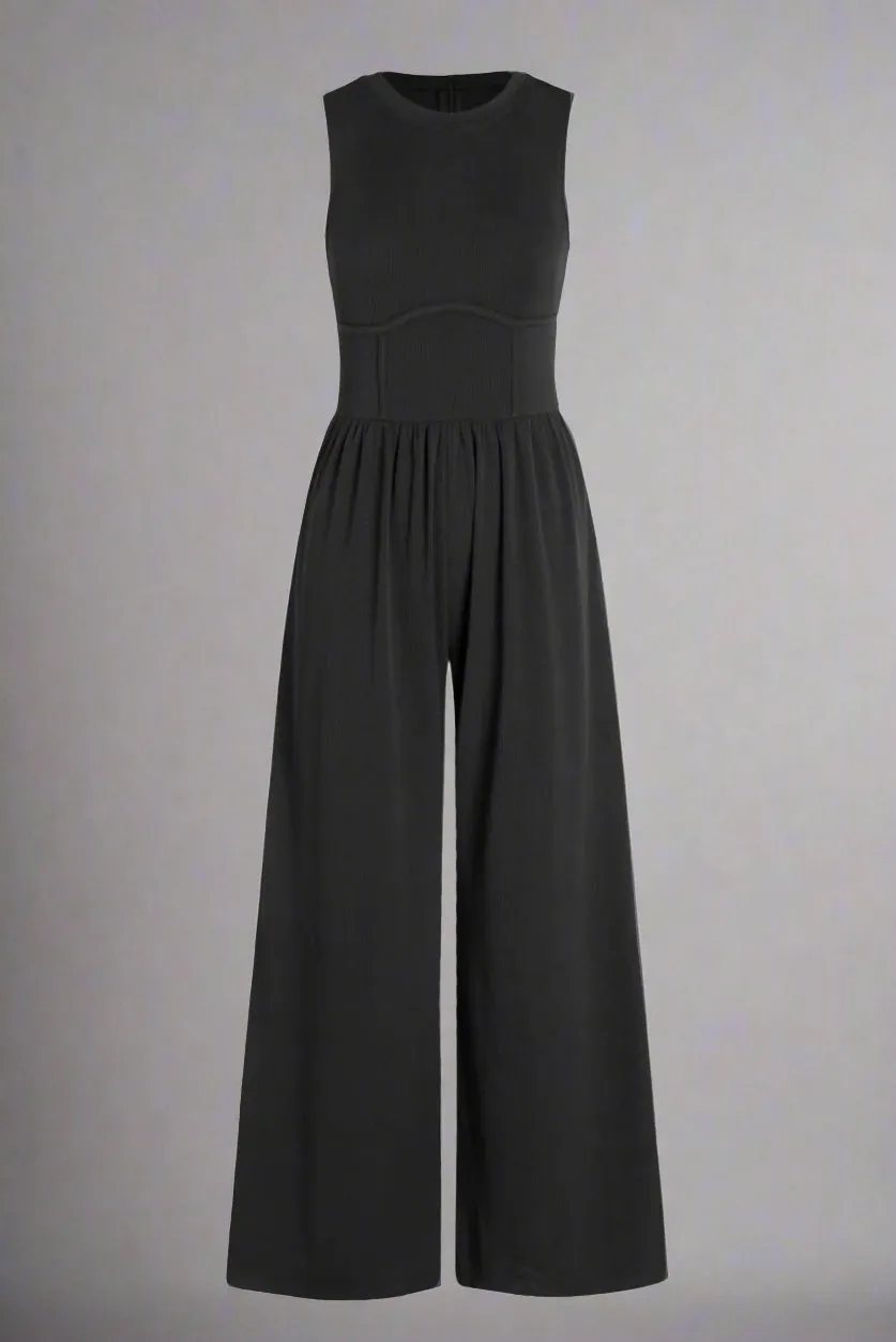 Elegant Crew Neck Sleeveless Wide Leg Jumpsuit