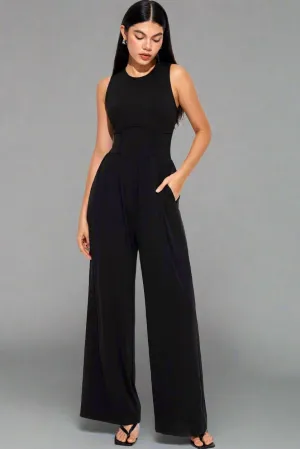 Elegant Crew Neck Sleeveless Wide Leg Jumpsuit