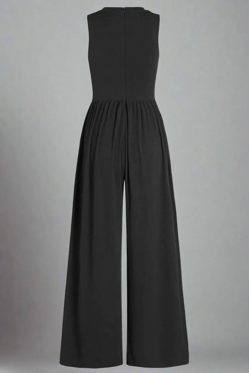 Elegant Crew Neck Sleeveless Wide Leg Jumpsuit
