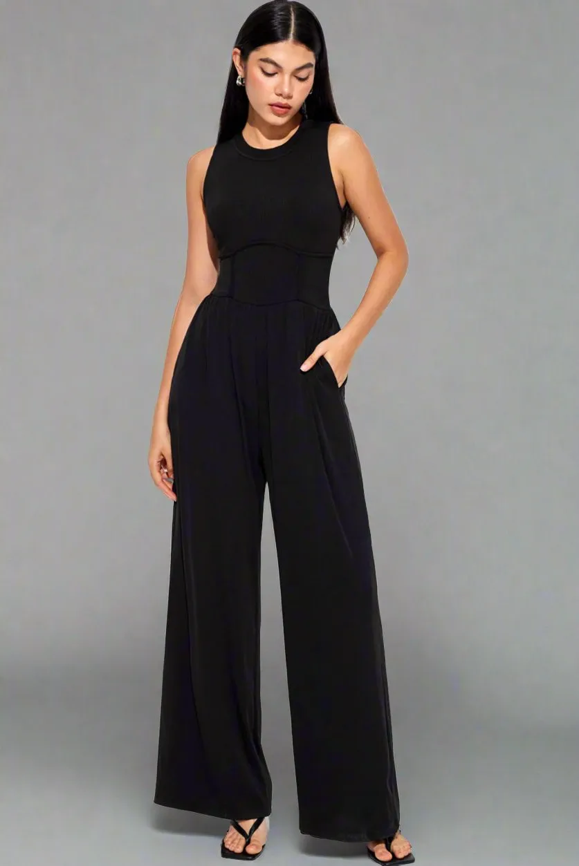 Elegant Crew Neck Sleeveless Wide Leg Jumpsuit