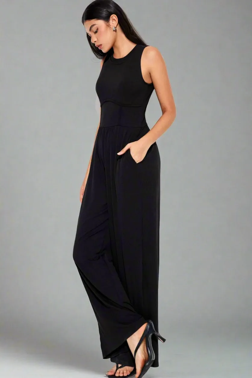 Elegant Crew Neck Sleeveless Wide Leg Jumpsuit