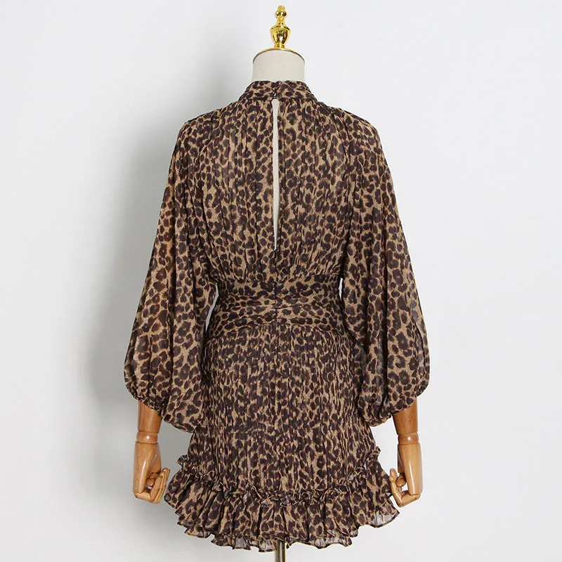 Elegant Dress For Women Stand Collar Lantern Leopard Ruched Mini Dresses