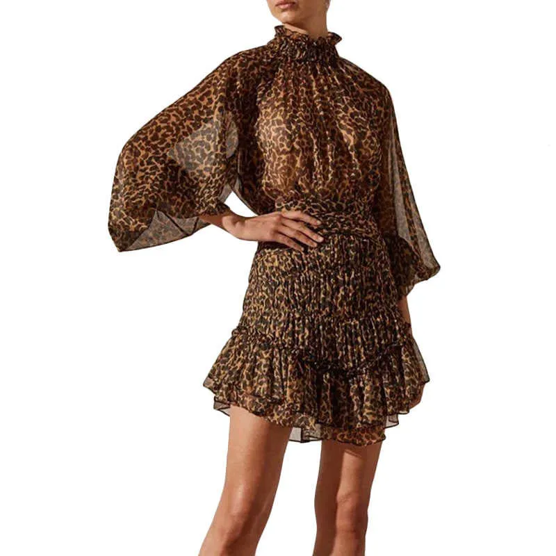 Elegant Dress For Women Stand Collar Lantern Leopard Ruched Mini Dresses