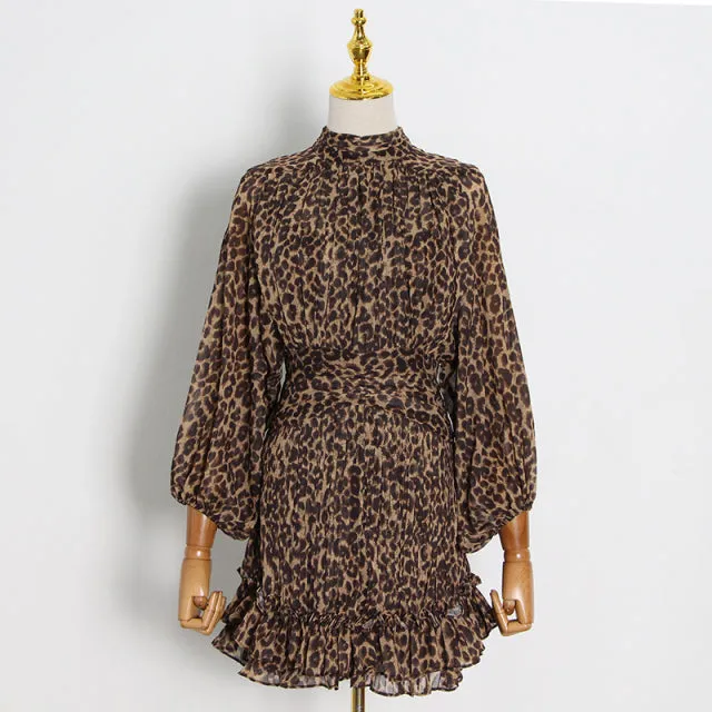 Elegant Dress For Women Stand Collar Lantern Leopard Ruched Mini Dresses