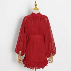 Elegant Dress For Women Stand Collar Lantern Leopard Ruched Mini Dresses