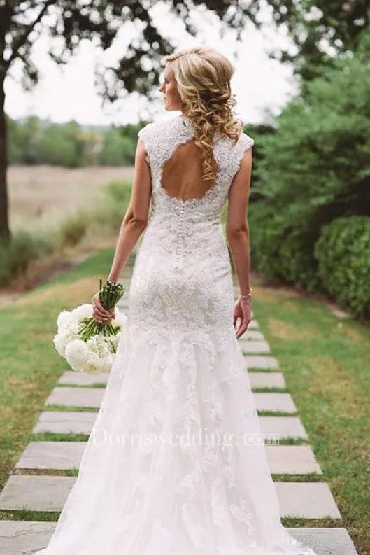 Elegant Lace Appliques Wedding Dress With Key Hole Zipper Button Back