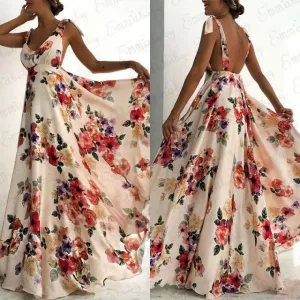 Elegant Sexy Strappy Backless Floral Print Maxi Dress- Women Boho Long Dress