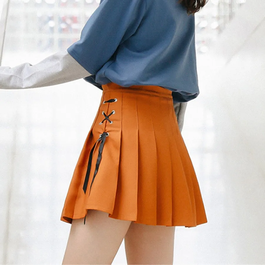 Energetic Short Pleated School Girl Lace-up Skirts J40108