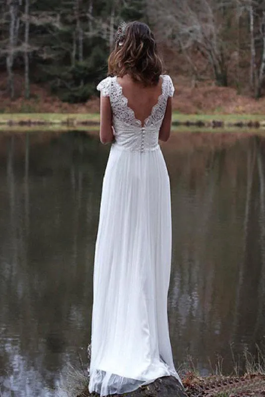 Ethereal A Line Chiffon and Pleated Lace V Neck Wedding Dress-715764