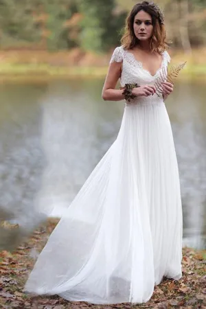Ethereal A Line Chiffon and Pleated Lace V Neck Wedding Dress-715764