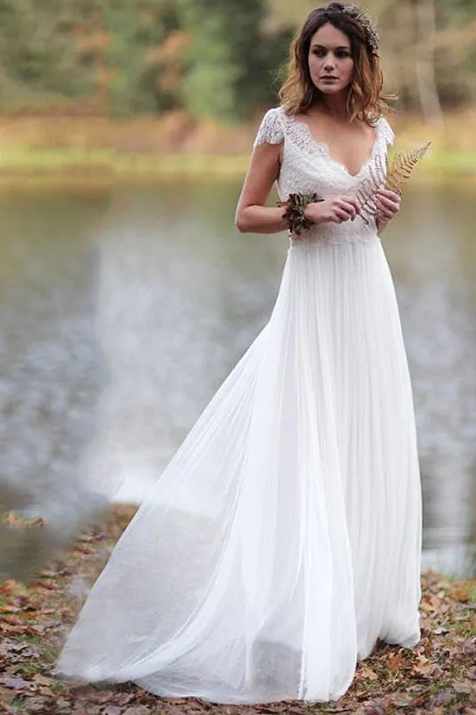 Ethereal A Line Chiffon and Pleated Lace V Neck Wedding Dress-715764