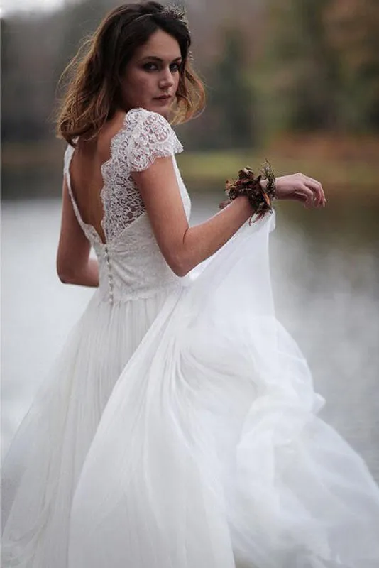 Ethereal A Line Chiffon and Pleated Lace V Neck Wedding Dress-715764