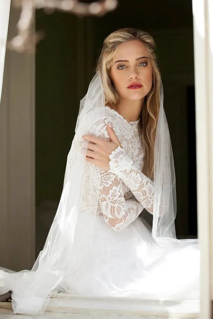 Ethereal Open Back Long Sleeve Sheath Bridal Gown-715813