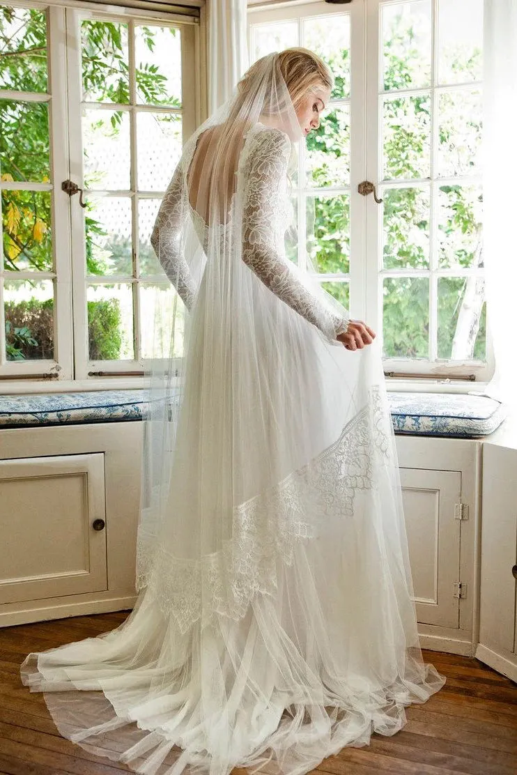 Ethereal Open Back Long Sleeve Sheath Bridal Gown-715813
