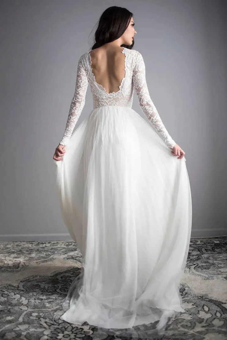 Ethereal Open Back Long Sleeve Sheath Bridal Gown-715813