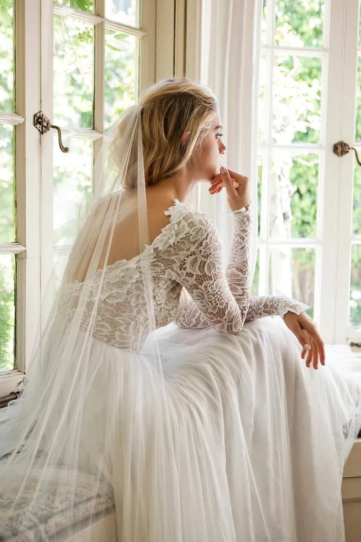 Ethereal Open Back Long Sleeve Sheath Bridal Gown-715813