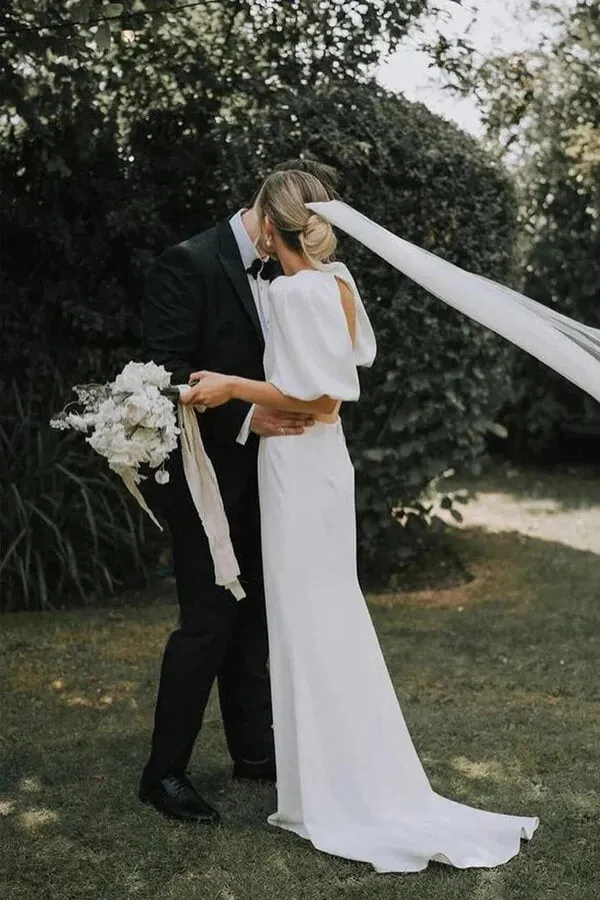 Fairy Elastic Satin V-neck Modest Wedding Dresses With Short Sleeves, MW1077