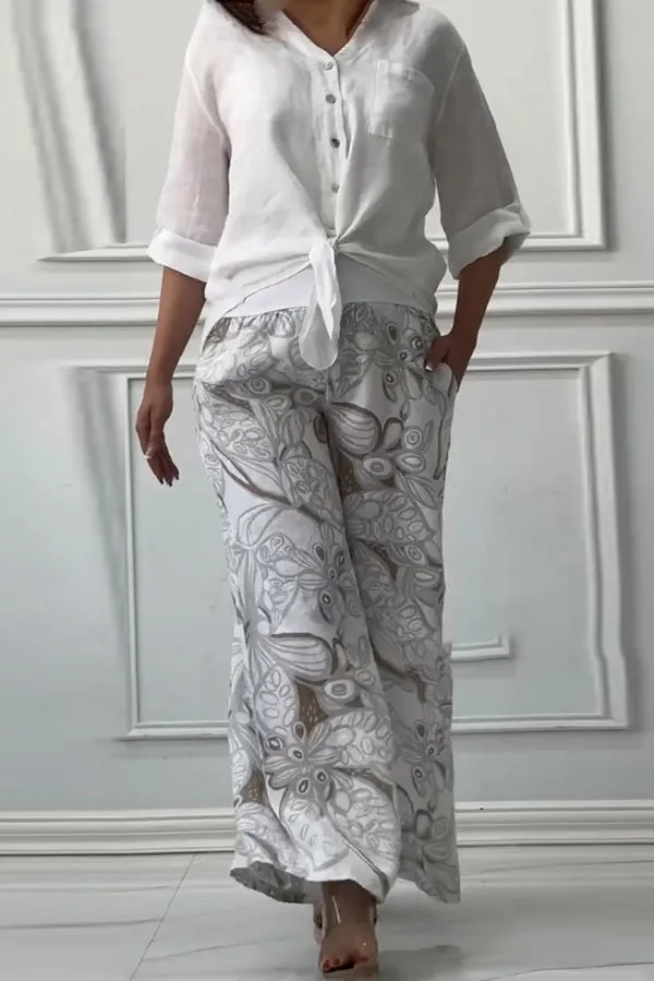Fashion Lapel Long Sleeve Casual Shirt and Unique Print Elastic Waist Pocket Wide Leg Pants Set