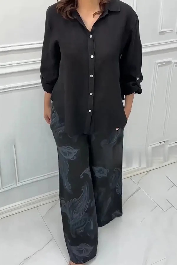 Fashion Lapel Long Sleeve Casual Shirt and Unique Print Elastic Waist Pocket Wide Leg Pants Set