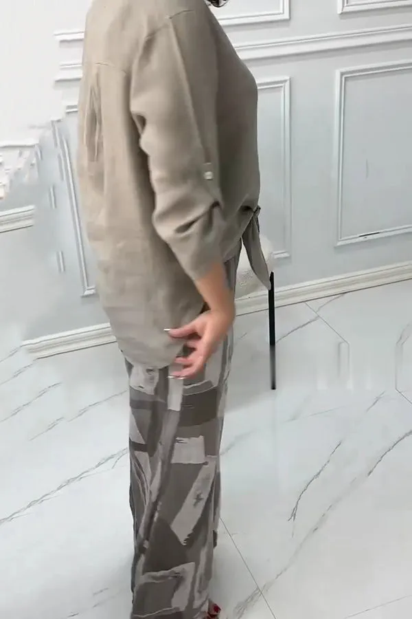 Fashion Lapel Long Sleeve Casual Shirt and Unique Print Elastic Waist Pocket Wide Leg Pants Set