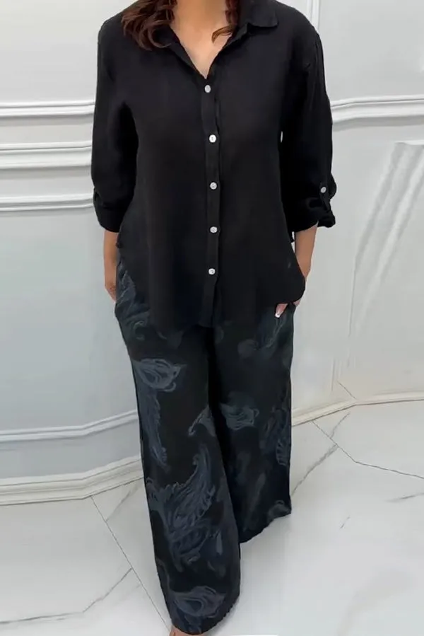 Fashion Lapel Long Sleeve Casual Shirt and Unique Print Elastic Waist Pocket Wide Leg Pants Set