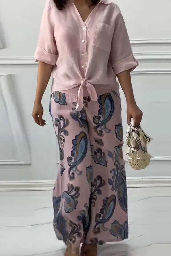 Fashion Lapel Long Sleeve Casual Shirt and Unique Print Elastic Waist Pocket Wide Leg Pants Set