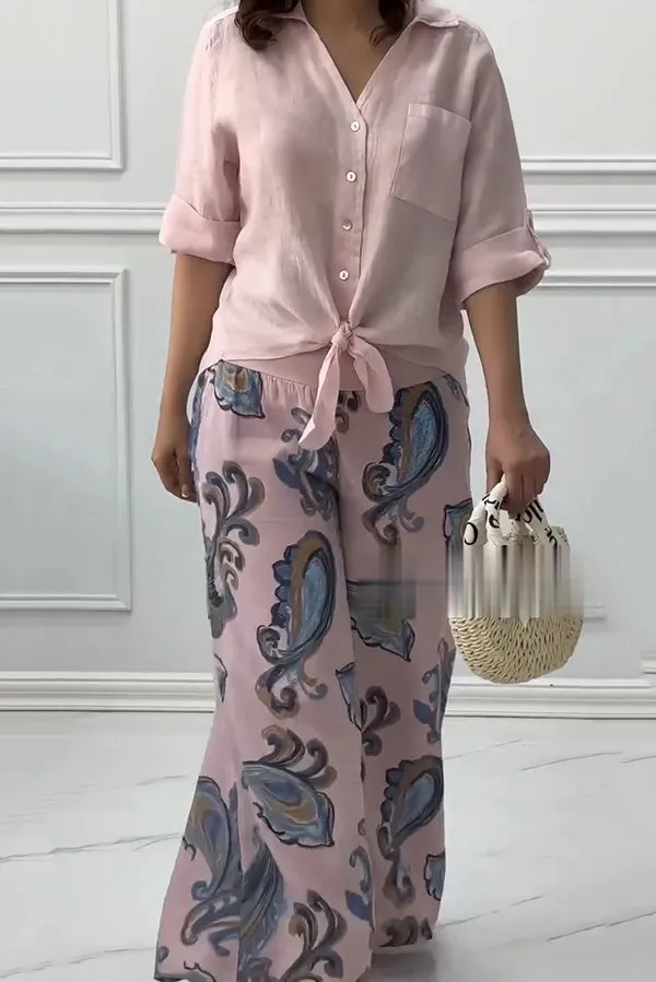Fashion Lapel Long Sleeve Casual Shirt and Unique Print Elastic Waist Pocket Wide Leg Pants Set