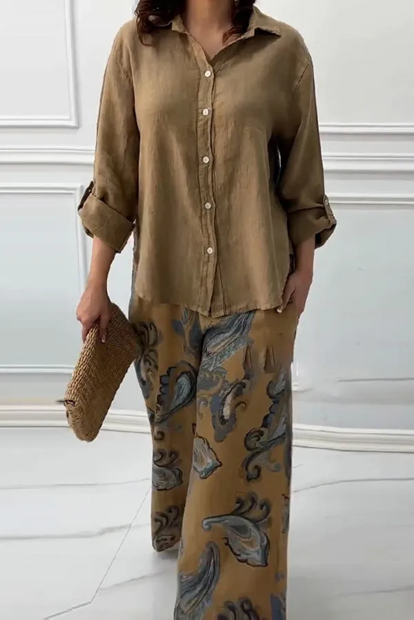 Fashion Lapel Long Sleeve Casual Shirt and Unique Print Elastic Waist Pocket Wide Leg Pants Set