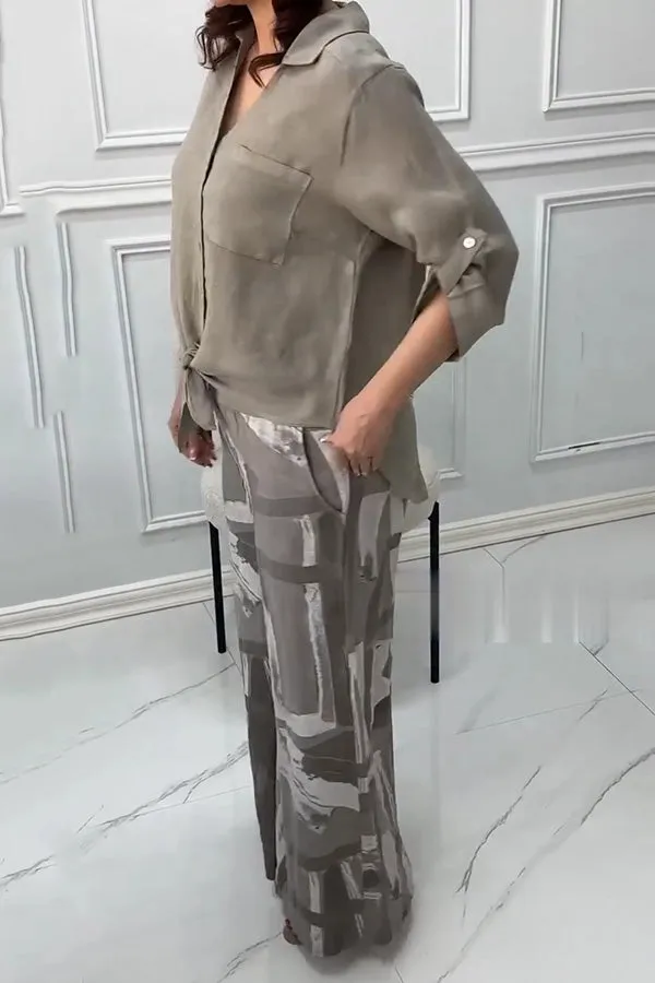 Fashion Lapel Long Sleeve Casual Shirt and Unique Print Elastic Waist Pocket Wide Leg Pants Set